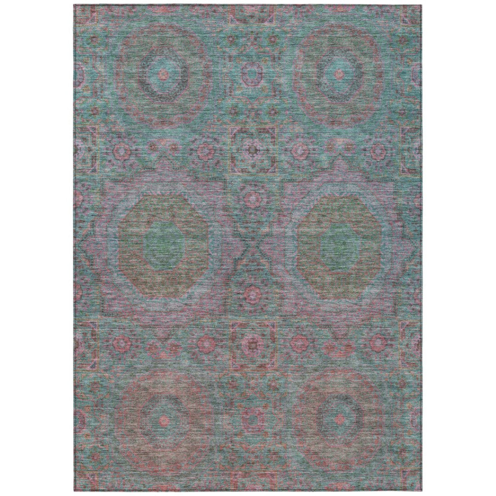 HomeRoots 10' Teal Blue & Blush Medallion Washable Area Rug – Stylish, Durable Indoor/Outdoor Solution! 626031