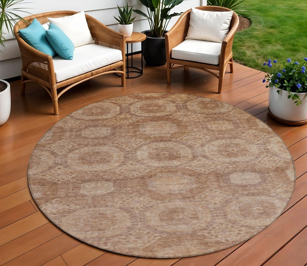 HomeRoots 8' Copper and Rust Round Medallion Area Rug - Durable, Washable, Stylish for Indoor and Outdoor Use 626070