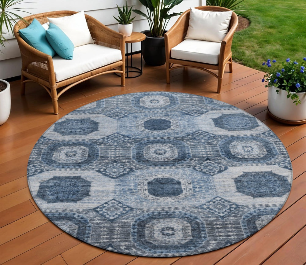 HomeRoots 8' Blue Medallion Indoor Outdoor Rug – Durable, Washable, Stylish Design for Patios & High-Traffic Areas 626100