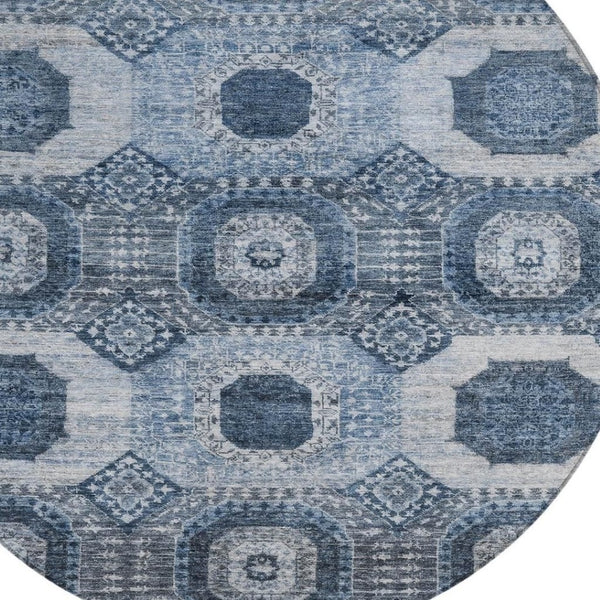 HomeRoots 8' Blue Medallion Indoor Outdoor Rug – Durable, Washable, Stylish Design for Patios & High-Traffic Areas 626100