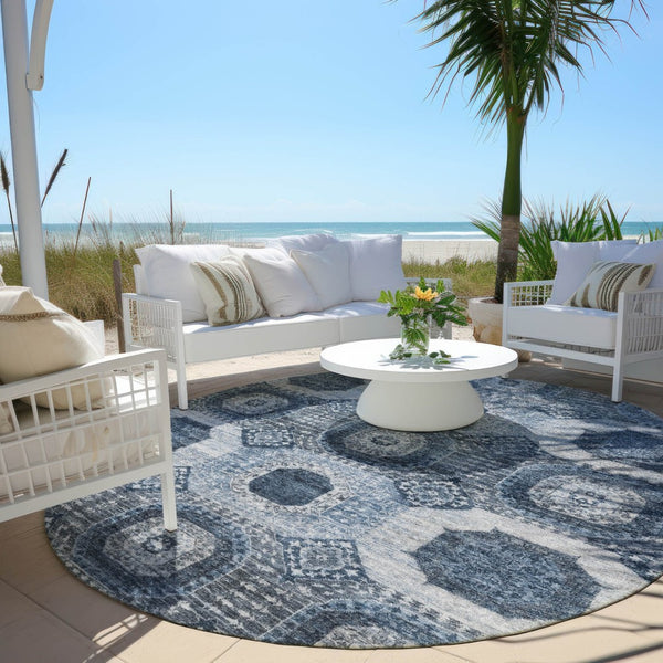 HomeRoots 8' Blue Medallion Indoor Outdoor Rug – Durable, Washable, Stylish Design for Patios & High-Traffic Areas 626100