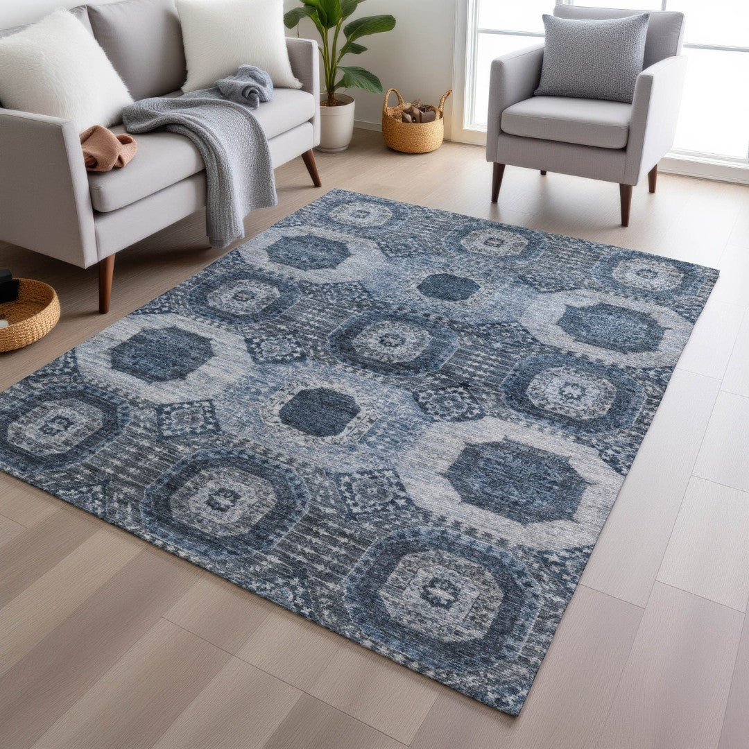9' X 12' Stunning Blue and Ivory Medallion Area Rug – Washable, Durabl