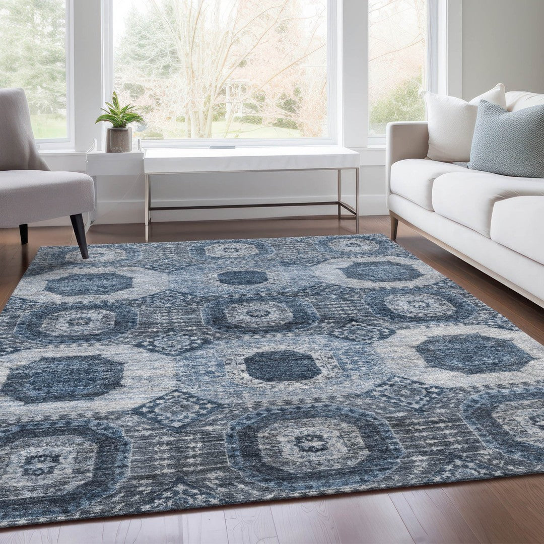 9' X 12' Stunning Blue and Ivory Medallion Area Rug – Washable, Durabl