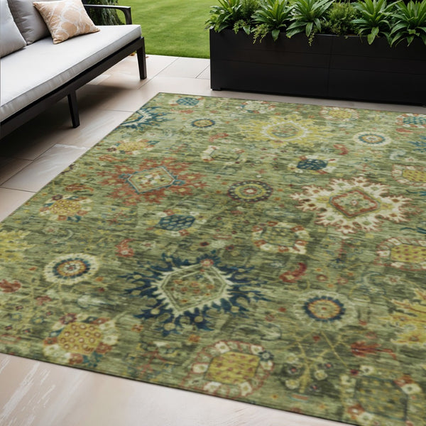HomeRoots 5' Artichoke Green Floral Medallion Area Rug - Durable Washable Design for Indoor & Outdoor Spaces 626117