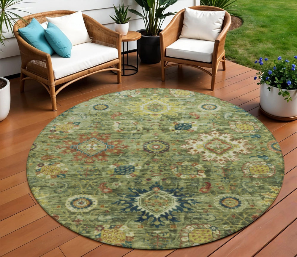 HomeRoots 8' Floral Medallion Area Rug – Artichoke Green, Rust & Gold, Durable, Washable for Indoor/Outdoor Use 626118