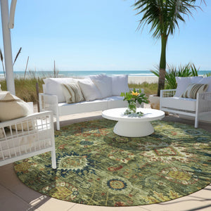 HomeRoots 8' Floral Medallion Area Rug – Artichoke Green, Rust & Gold, Durable, Washable for Indoor/Outdoor Use 626118