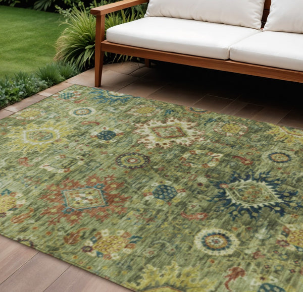 HomeRoots 10' Artichoke Green Floral Medallion Washable Area Rug - Durable, Stylish, Indoor/Outdoor Solution! 626121