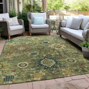 HomeRoots 10' Artichoke Green Floral Medallion Washable Area Rug - Durable, Stylish, Indoor/Outdoor Solution! 626121
