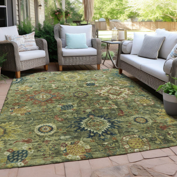 HomeRoots 10' Artichoke Green Floral Medallion Washable Area Rug - Durable, Stylish, Indoor/Outdoor Solution! 626121