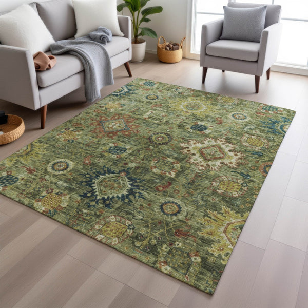 HomeRoots 10' Artichoke Green Floral Medallion Washable Area Rug - Durable, Stylish, Indoor/Outdoor Solution! 626121