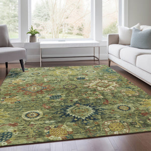 HomeRoots 10' Artichoke Green Floral Medallion Washable Area Rug - Durable, Stylish, Indoor/Outdoor Solution! 626121
