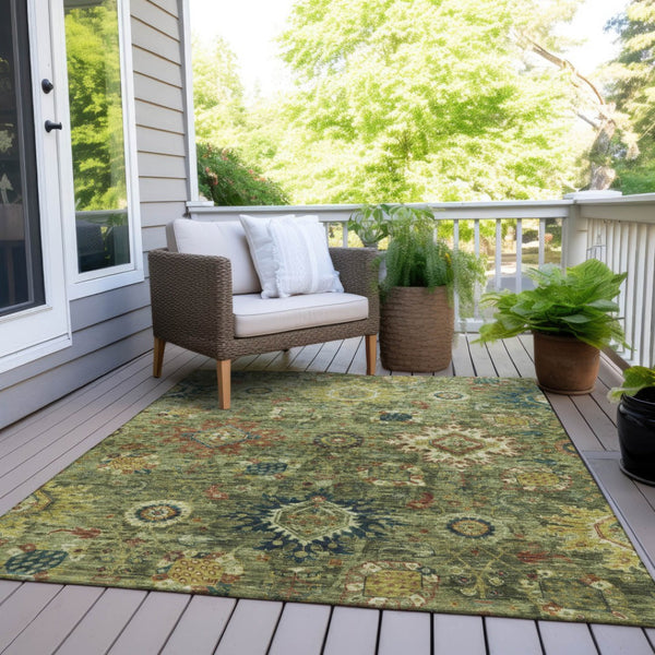 HomeRoots 10' Artichoke Green Floral Medallion Washable Area Rug - Durable, Stylish, Indoor/Outdoor Solution! 626121