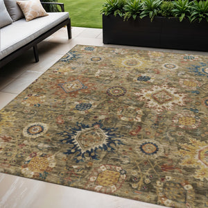 HomeRoots 5' X 8' Floral Medallion Area Rug in Brown, Beige & Navy - Washable, Durable for Indoor/Outdoor Use 626129