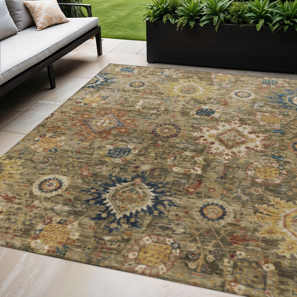 HomeRoots 5' X 8' Floral Medallion Area Rug in Brown, Beige & Navy - Washable, Durable for Indoor/Outdoor Use 626129