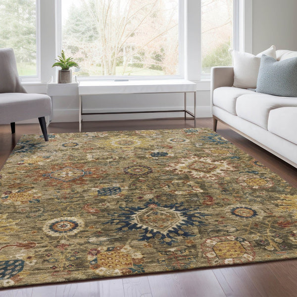 HomeRoots 5' X 8' Floral Medallion Area Rug in Brown, Beige & Navy - Washable, Durable for Indoor/Outdoor Use 626129