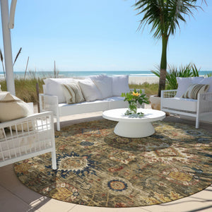 HomeRoots 8' Round Floral Medallion Area Rug - Washable, Durable, Indoor/Outdoor Use in Brown, Beige & Navy 626130