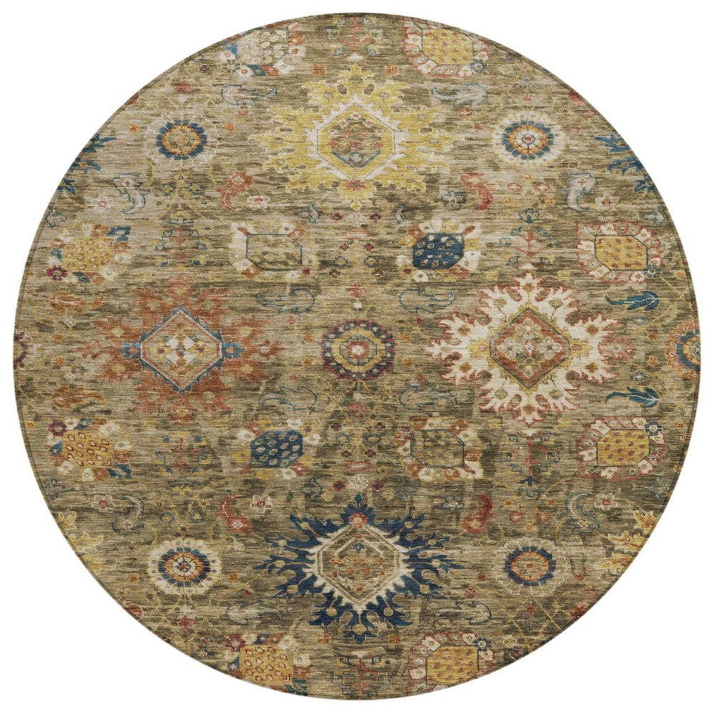 HomeRoots 8' Round Floral Medallion Area Rug - Washable, Durable, Indoor/Outdoor Use in Brown, Beige & Navy 626130