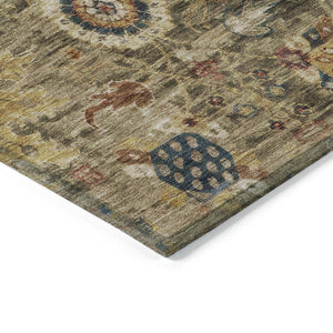 HomeRoots 8' Round Floral Medallion Area Rug - Washable, Durable, Indoor/Outdoor Use in Brown, Beige & Navy 626130
