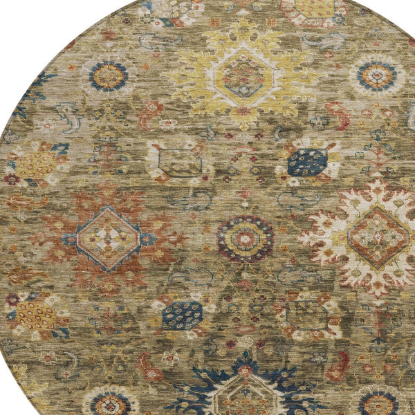 HomeRoots 8' Round Floral Medallion Area Rug - Washable, Durable, Indoor/Outdoor Use in Brown, Beige & Navy 626130