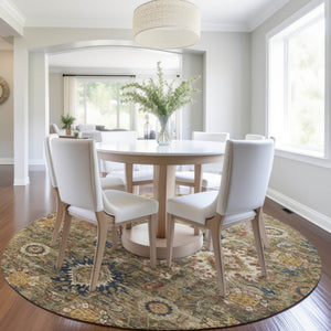 HomeRoots 8' Round Floral Medallion Area Rug - Washable, Durable, Indoor/Outdoor Use in Brown, Beige & Navy 626130