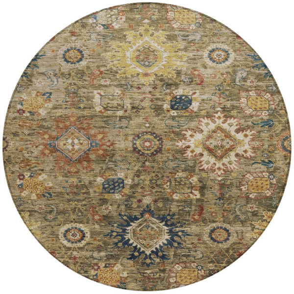 HomeRoots 8' Round Floral Medallion Area Rug - Washable, Durable, Indoor/Outdoor Use in Brown, Beige & Navy 626130