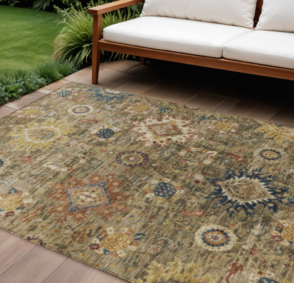 HomeRoots 9' Floral Medallion Area Rug in Brown, Beige & Navy - Washable, Durable for Indoor/Outdoor Use! 626132