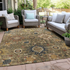 HomeRoots 9' Floral Medallion Area Rug in Brown, Beige & Navy - Washable, Durable for Indoor/Outdoor Use! 626132