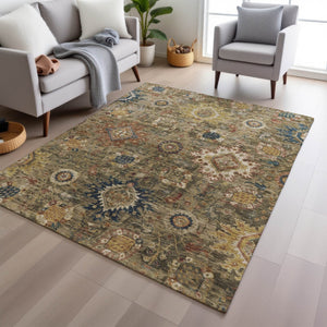 HomeRoots 9' Floral Medallion Area Rug in Brown, Beige & Navy - Washable, Durable for Indoor/Outdoor Use! 626132
