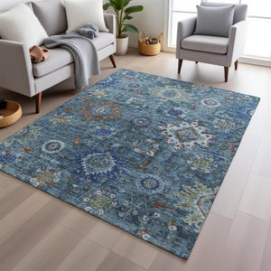 HomeRoots 5' X 8' Blue Floral Medallion Area Rug – Washable, Durable, Stylish for Indoor & Outdoor Spaces 626135