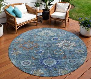 HomeRoots 8' Blue Floral Medallion Area Rug - Durable, Washable, Indoor/Outdoor, Perfect for High-Traffic Spaces! 626136