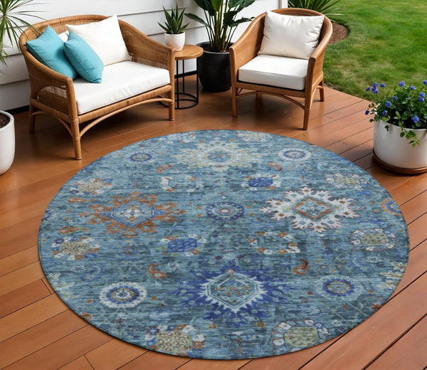 HomeRoots 8' Blue Floral Medallion Area Rug - Durable, Washable, Indoor/Outdoor, Perfect for High-Traffic Spaces! 626136