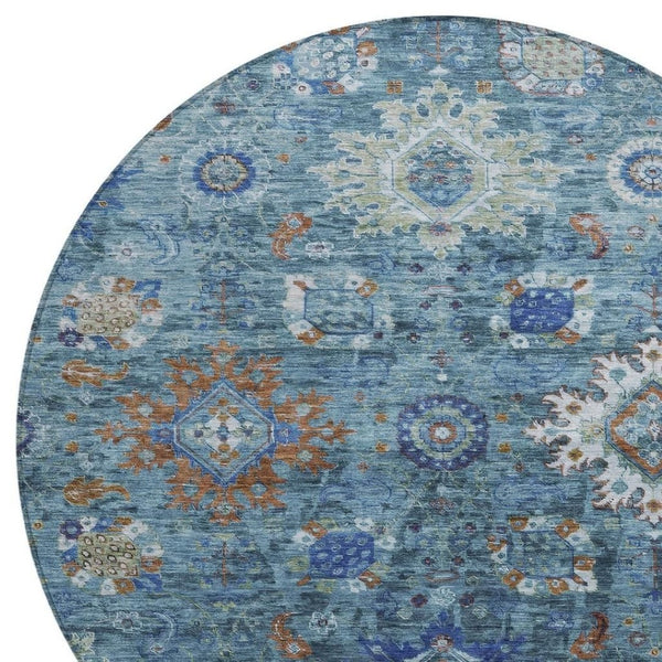 HomeRoots 8' Blue Floral Medallion Area Rug - Durable, Washable, Indoor/Outdoor, Perfect for High-Traffic Spaces! 626136