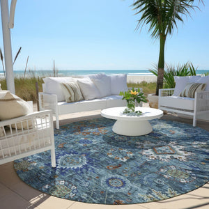 HomeRoots 8' Blue Floral Medallion Area Rug - Durable, Washable, Indoor/Outdoor, Perfect for High-Traffic Spaces! 626136