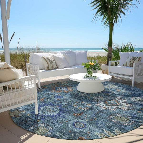 HomeRoots 8' Blue Floral Medallion Area Rug - Durable, Washable, Indoor/Outdoor, Perfect for High-Traffic Spaces! 626136