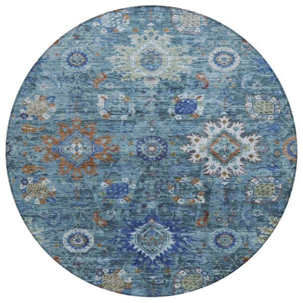 HomeRoots 8' Blue Floral Medallion Area Rug - Durable, Washable, Indoor/Outdoor, Perfect for High-Traffic Spaces! 626136