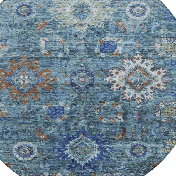 HomeRoots 8' Blue Floral Medallion Area Rug - Durable, Washable, Indoor/Outdoor, Perfect for High-Traffic Spaces! 626136
