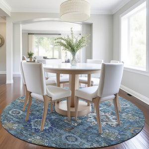 HomeRoots 8' Blue Floral Medallion Area Rug - Durable, Washable, Indoor/Outdoor, Perfect for High-Traffic Spaces! 626136