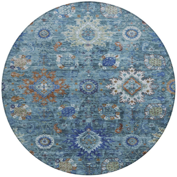 HomeRoots 8' Blue Floral Medallion Area Rug - Durable, Washable, Indoor/Outdoor, Perfect for High-Traffic Spaces! 626136