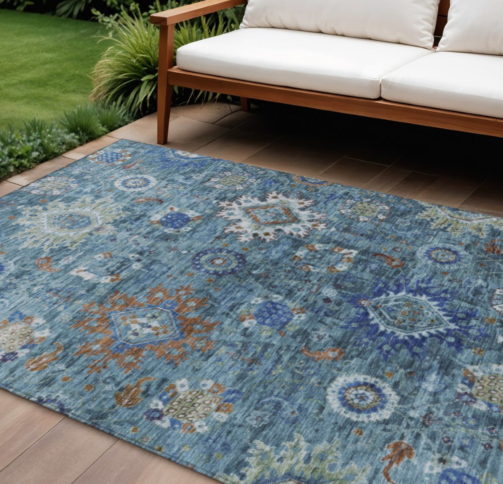 HomeRoots 10' Blue, Rust & Gray Floral Medallion Area Rug – Washable Indoor/Outdoor Design for Easy Care & Style 626139