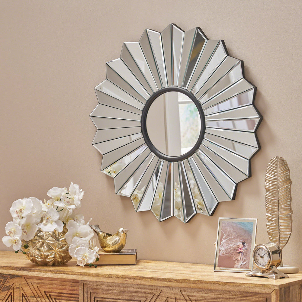 English Elm Christopher Knight Home® - MIRROR Huseby Glam Flower Accent Mirror – 36" Round Faux Wood Black Frame, Handcrafted Elegance 62614.00