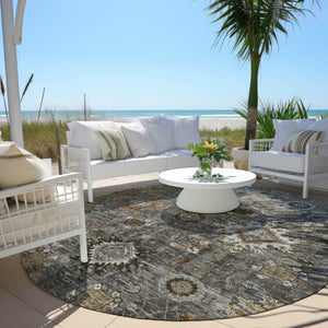 HomeRoots 8' Stylish Floral Medallion Washable Round Rug - Durable Indoor/Outdoor Design for High-Traffic Spaces 626142
