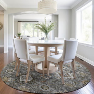HomeRoots 8' Stylish Floral Medallion Washable Round Rug - Durable Indoor/Outdoor Design for High-Traffic Spaces 626142