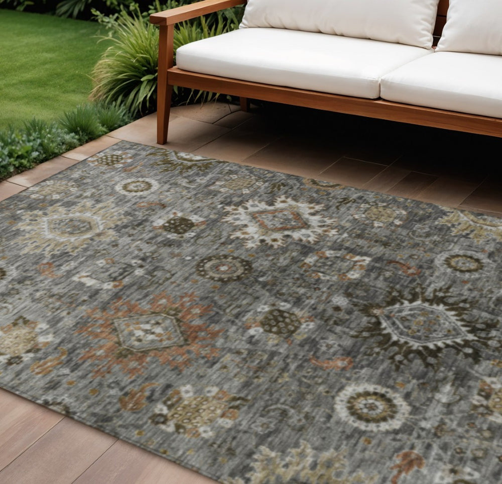HomeRoots 8' X 10' Floral Medallion Washable Area Rug - Durable Pewter Beige & Gray Design for Indoor/Outdoor Use 626143
