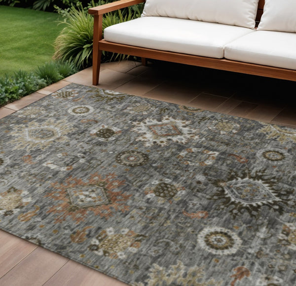 HomeRoots 9' X 12' Elegant Pewter Beige & Gray Floral Medallion Area Rug - Washable for Indoor/Outdoor Use 626144