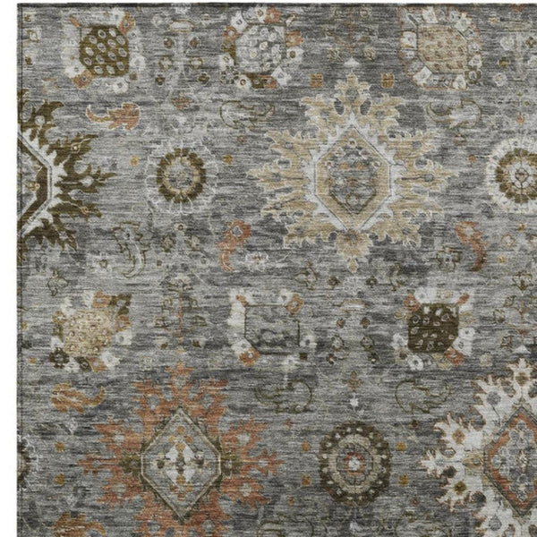 HomeRoots 9' X 12' Elegant Pewter Beige & Gray Floral Medallion Area Rug - Washable for Indoor/Outdoor Use 626144