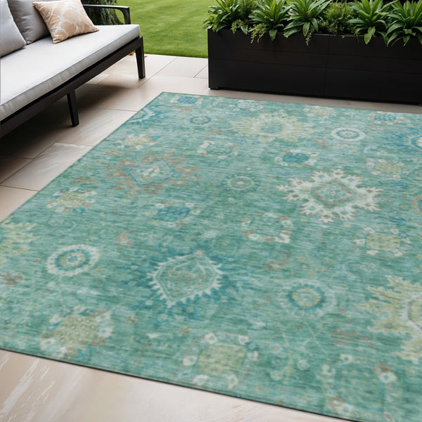 HomeRoots 5' X 8' Teal Blue Copper Ivory Floral Medallion Rug - Washable, Durable, Indoor/Outdoor Versatility! 626153