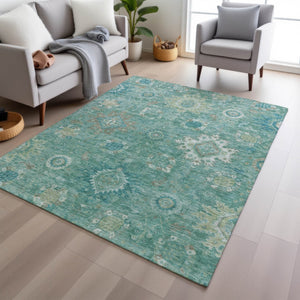 HomeRoots 5' X 8' Teal Blue Copper Ivory Floral Medallion Rug - Washable, Durable, Indoor/Outdoor Versatility! 626153