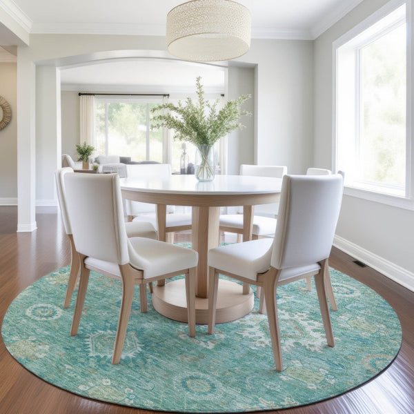 HomeRoots 8' Teal Blue Copper Floral Medallion Rug - Stylish, Washable Indoor/Outdoor Area Rug for Any Space 626154