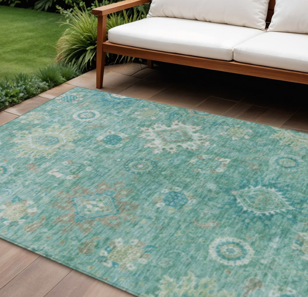 HomeRoots 10' X 14' Vibrant Teal Blue Floral Medallion Area Rug – Durable, Washable, Perfect for Indoor & Outdoor Use! 626157