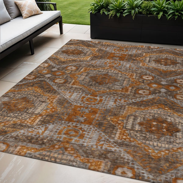 HomeRoots 5' Moroccan-Inspired Area Rug in Copper Brown & Gray - Washable, Durable for Indoor & Outdoor Use 626165